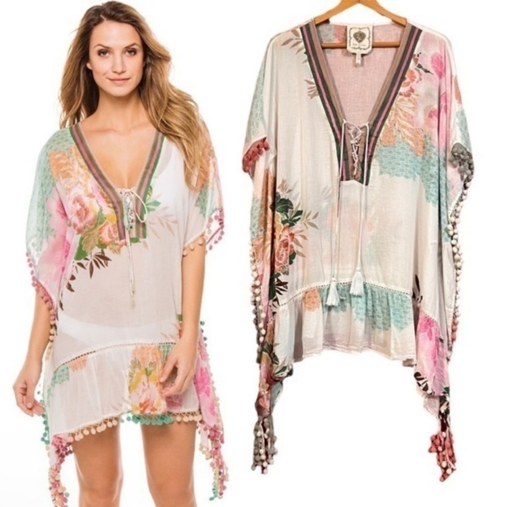 Z&L Europe Tunic Cover Up Women Ivory Floral PomPom Tassel Boho Kimono Kaftan S
